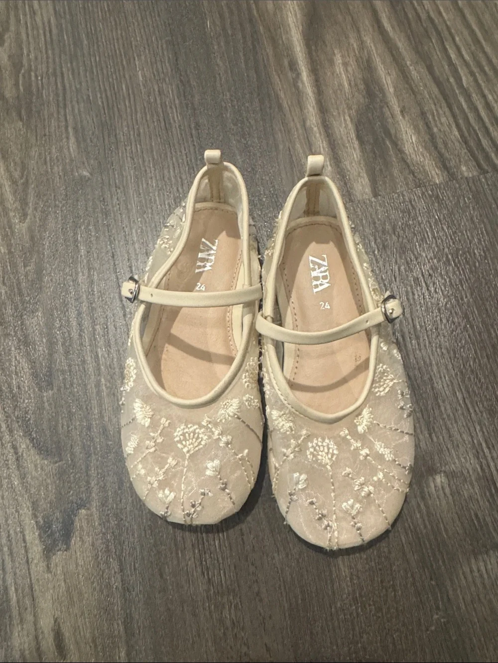 ZARA Beige Embroidered Mary Jane Flats